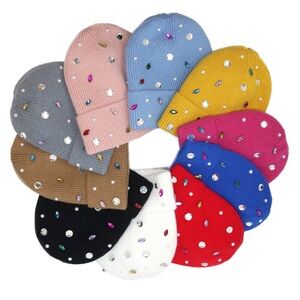 Rhinestone & Pearl Jewel Embellished Fleece Lining Knit Beanie Hat